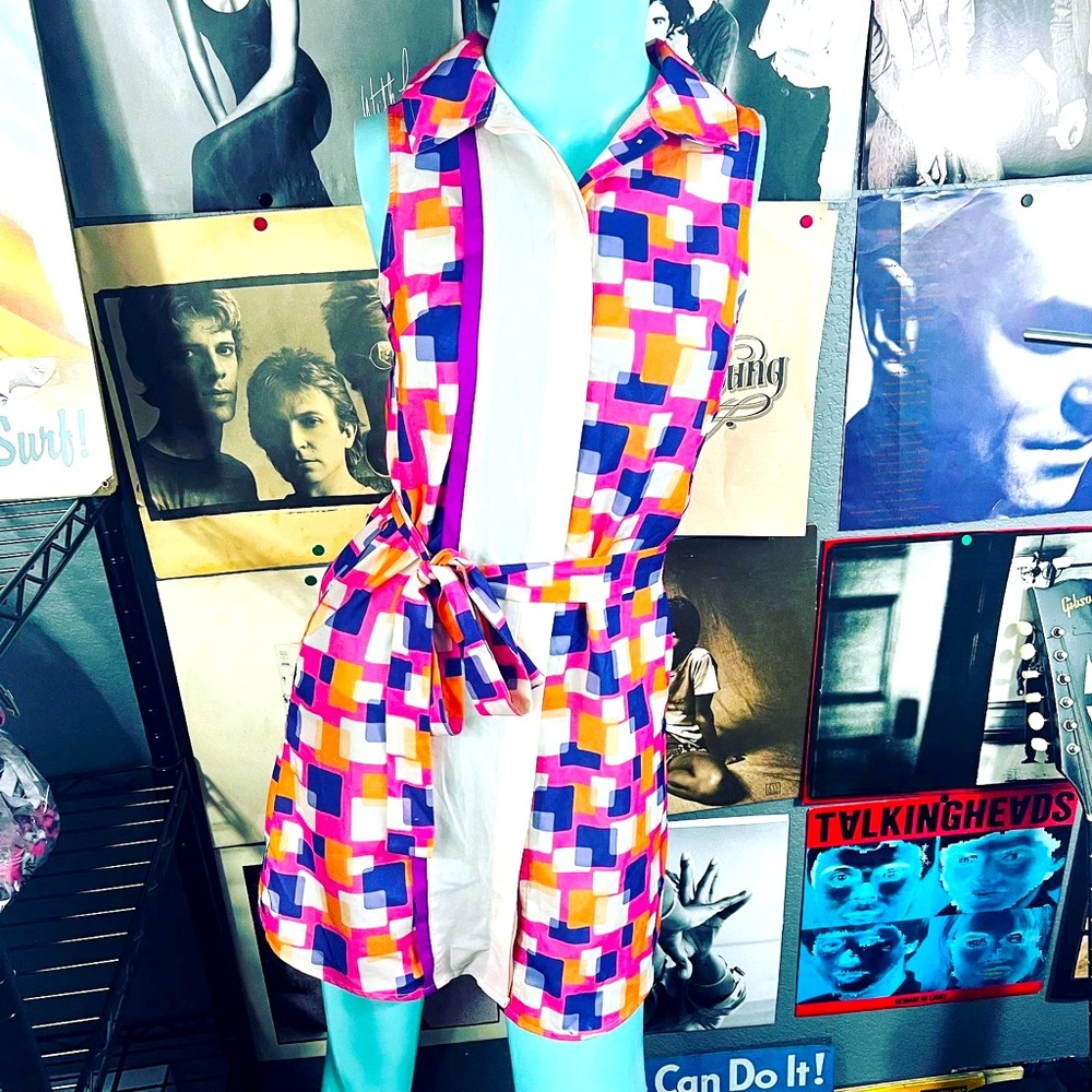 🔥 VINTAGE MOD 1960’s STYLE GEO SHIRT NEON POCKET DRESS SMALL